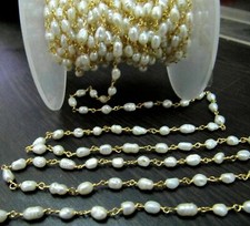 5 Feet Freshwater Pearl Barrel Smooth 4x6-5x7mm Pearl Beads Gold Wire Chain