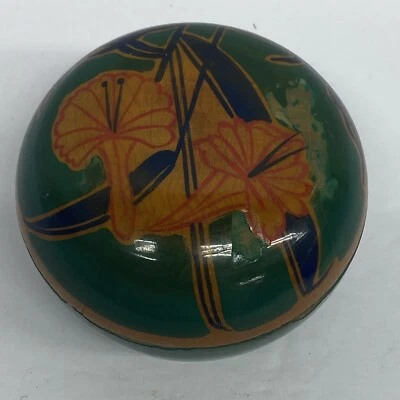Vtg Round Wood Trinket Box Hand Painted Green Flowers Floral Japanese - READ - Image 1 of 4