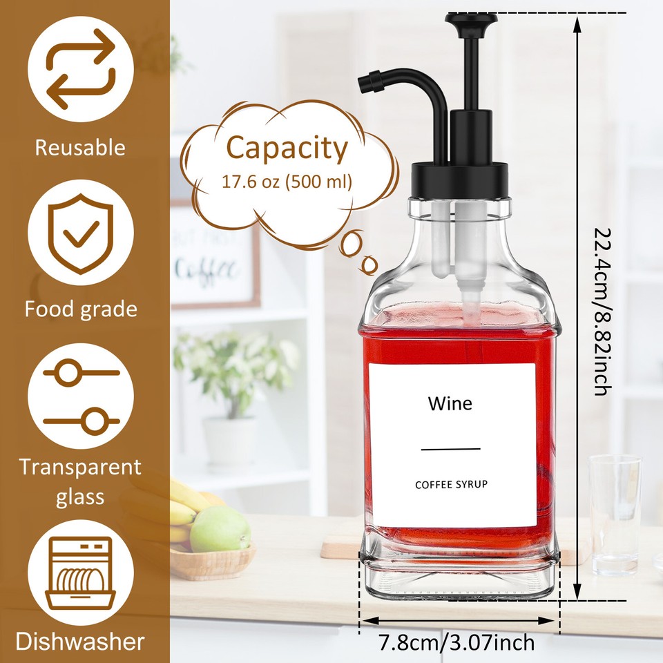 2Pcs Coffee Syrup Dispenser 500ml Glass Syrup Dispenser Bottle with 36🌈