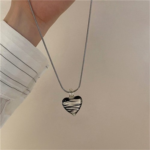 Green Black Stripe Glass Heart Pendant Titanium Steel Necklace Choker For Women - Picture 11 of 14