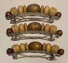 Vintage Lot of 3 1980s Goody Wooden Bead Hair Barrettes - Unused Old Store Stock