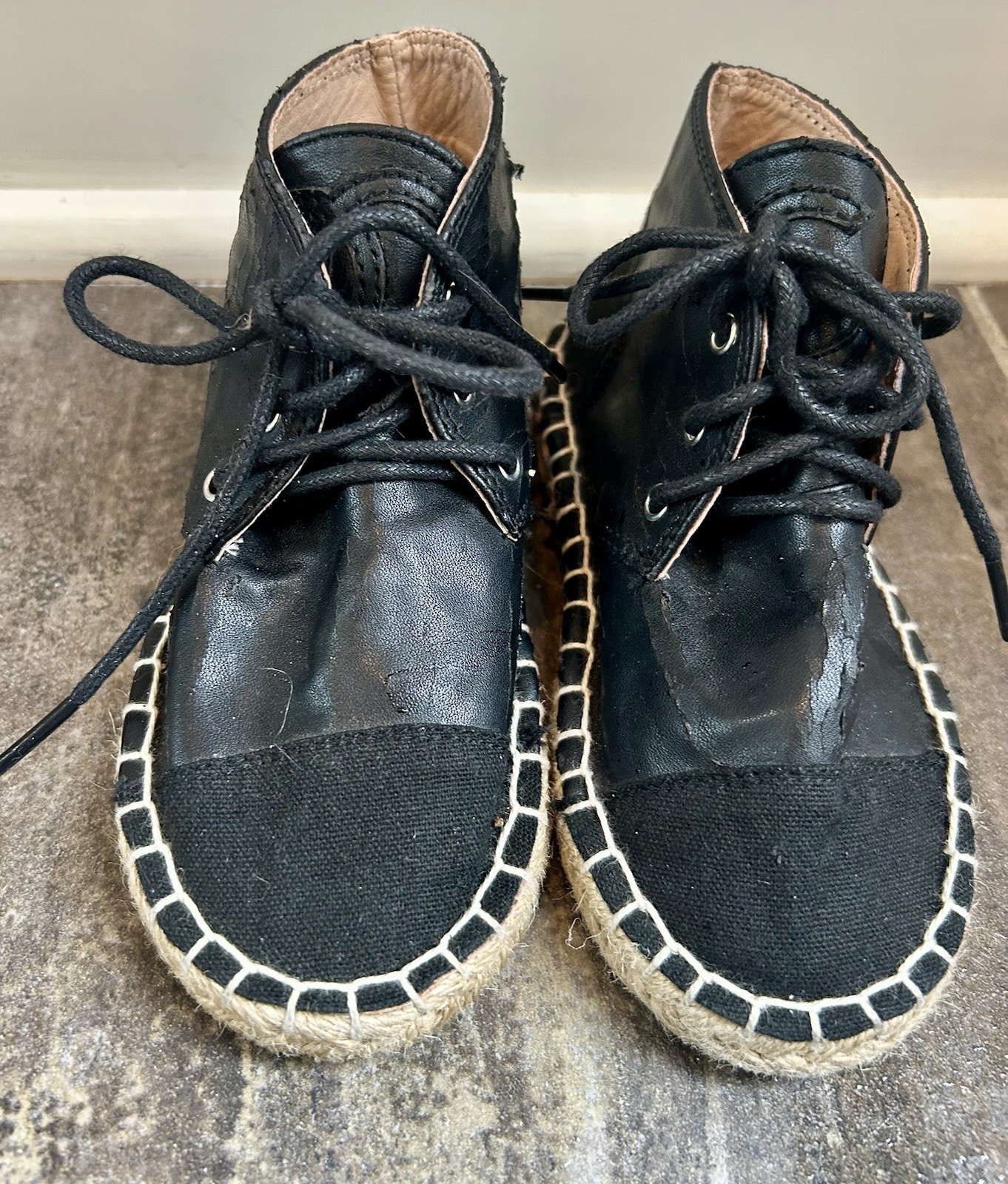 Chanel Style toddler lace up Espadrille calfskin and canvas boots, size 6