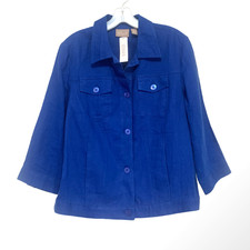 NWT Chicos Corsican Blue Linen Jacket Women's Size 1 Med 3/4 Sleeve Button Front