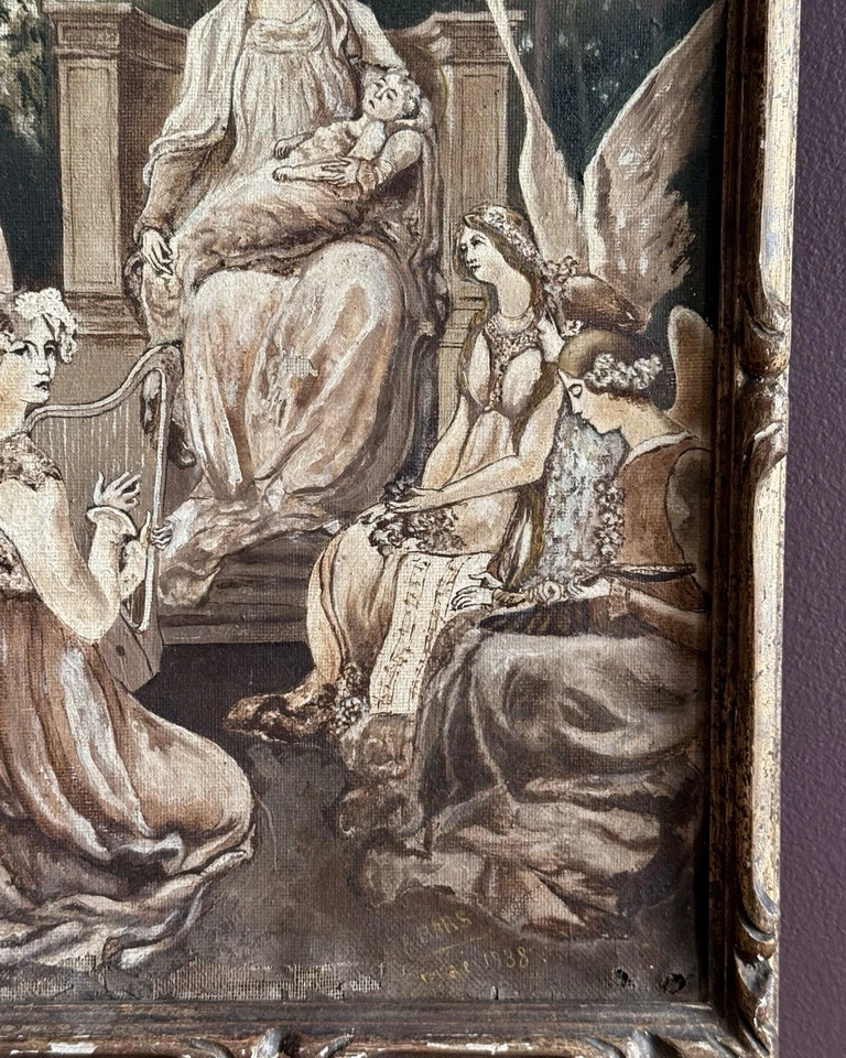 Antigua pintura al óleo europea sobre lienzo Madonna & Child 1938 Foto 3 de 4