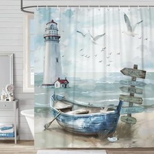 Nautical Coastal Shower Curtain, Ocean Beach Lighthouse Shower Curtain Set,