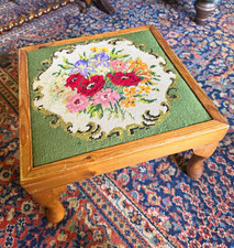 Vintage/Retro Square Footstool 33cm Wood Floral Needlepoint Upholstered Top