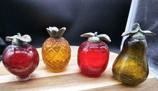 Vintage Set Of 4 Crackle Glass Fruits With Silver Tops