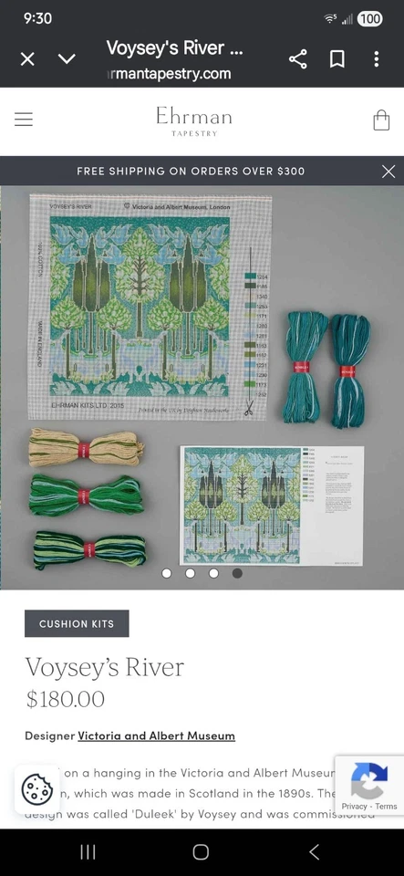 Ehrman Voysey’s River Cojín Aguja Kit Lona Victoria & Albert Sellado Foto 2 de 4