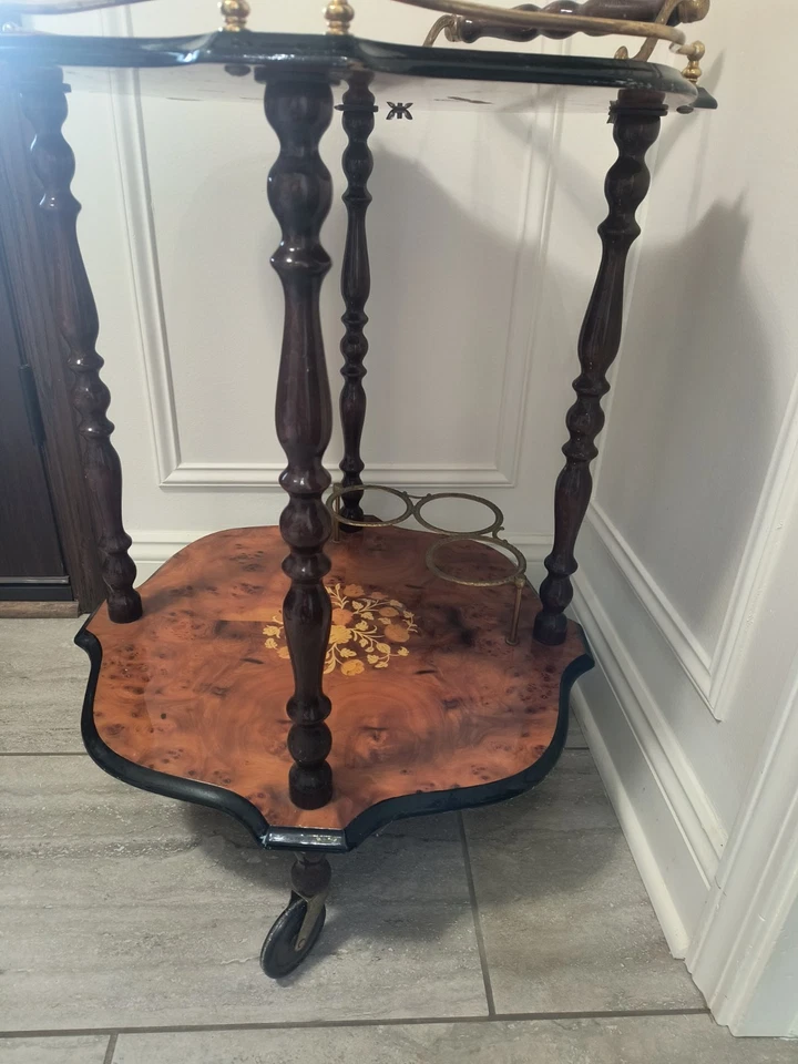 Italian Rosewood Marquetry Bar Tea Dessert Cart 2-Tier 8-Sided Trolley - Image 3 of 4