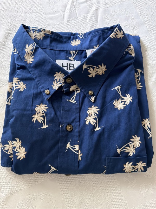 HB Men’s Hawaiian Button Down Shirt Palm Trees 3XL EUC  Fit By DXL  Blue