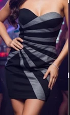 NWT XS 2 CACHE 90s Y2K Mini Silver Blk Stripe PARTY Cocktail NEW Year DRESS