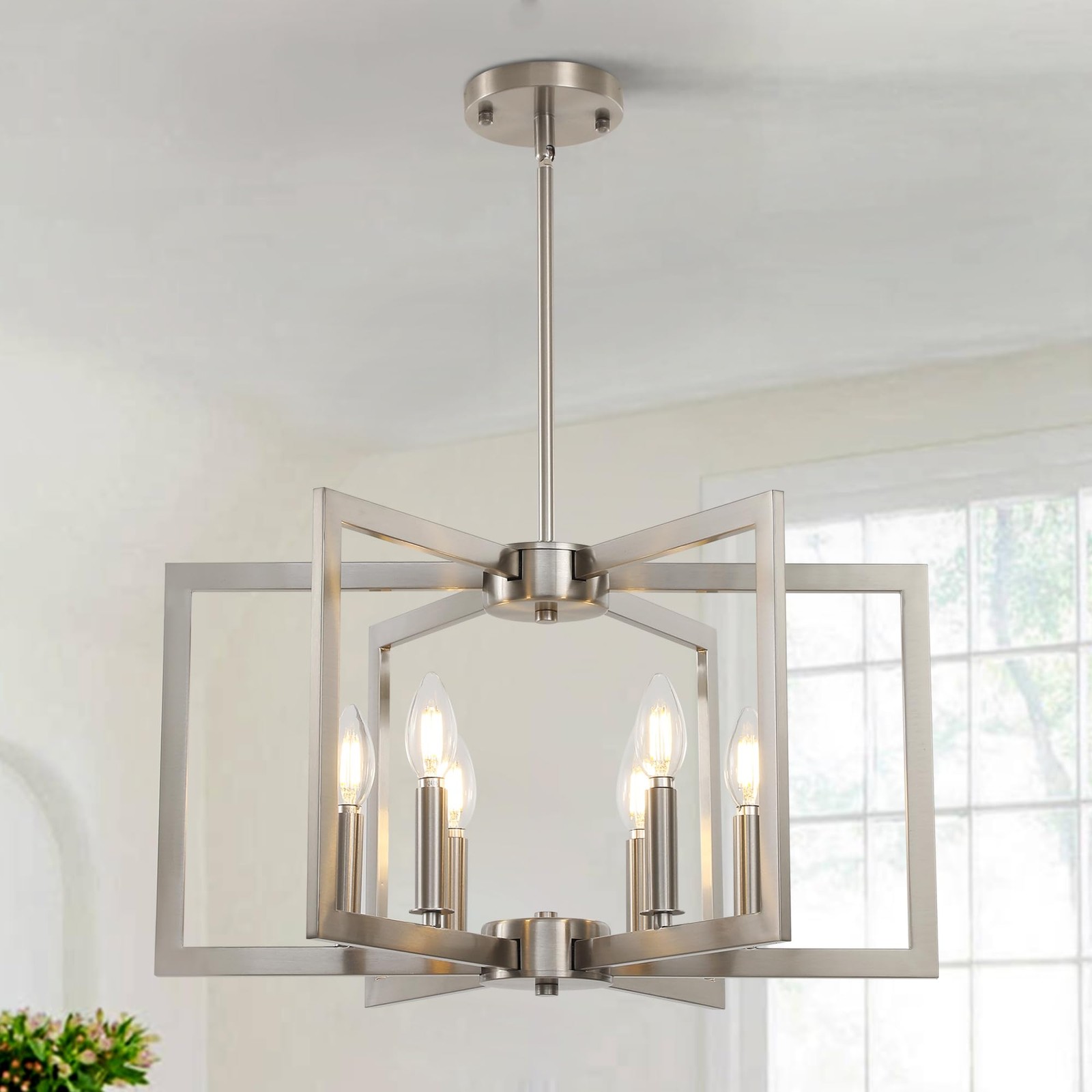 6-Light Modern Geometric Chandelier in Brushed Nickel for Kitchen Island Lighting