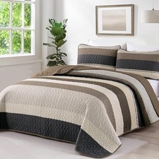 Quilt Set, Striped Bedspread Coverlet Bed Bedding Sets 3 Queen Light Brown