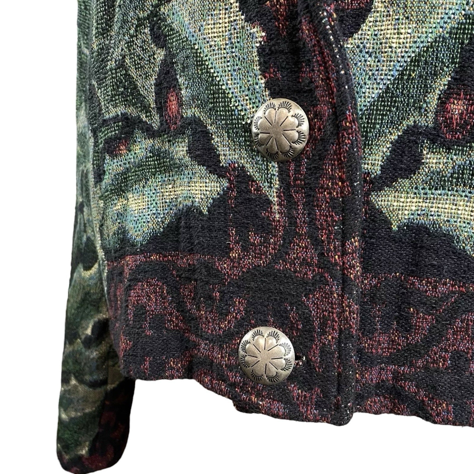 Giacca cappotto vintage dipinto pony vischio bacche stampa foglia arazzo bottoni sistema operativo
