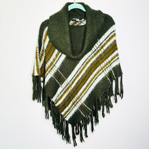 Poncho misto lana mohair navi in legno taglia S/M collo cappuccio frange righe verdi - Foto 10 di 10