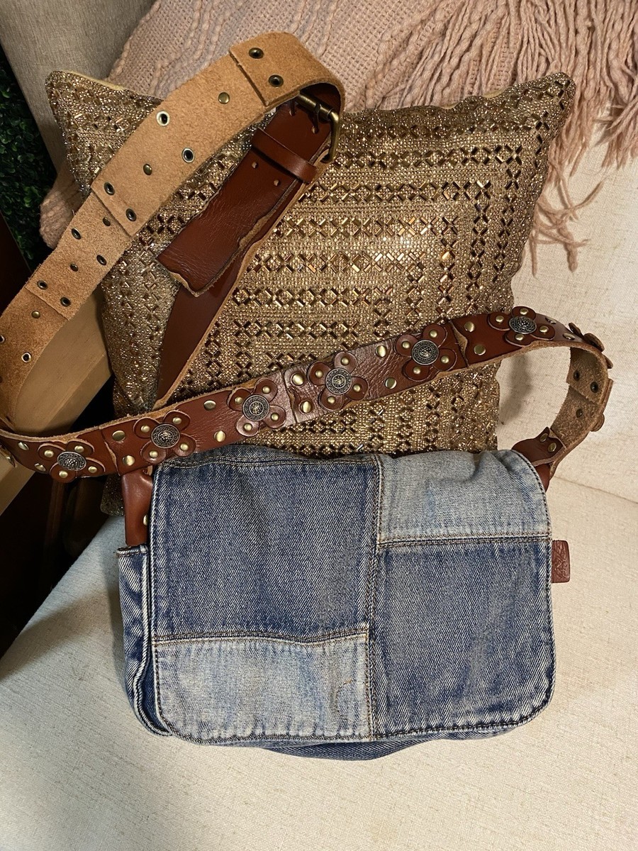 Patricia Nash denim patchwork shoulder bag with studded brown