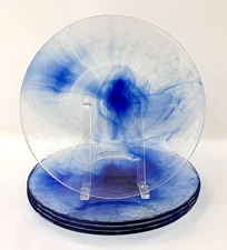 Set of 4 Bormioli Rocco Murano Cobalt Blue Swirl Dinner Plates Glass 11" Vintage