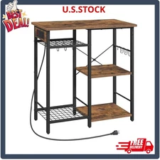 Bakers Rack with Power Outlet, Microwave Stand with Adjustable Mesh Rack, Coffee