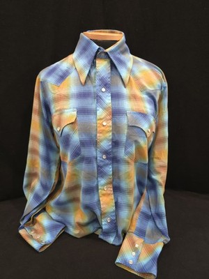 VTG Champion Westerns Pearl 6 Snap, Shadow Plaid Blue, Rust, Tan Shirt 15-32 EVC