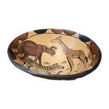 Vintage Hand Made Hand Painted African 10 Wooden Bowl -Elephant,Giraffe Zebra