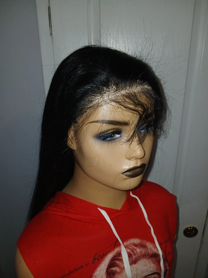 Peluca sintética recta negra 32 pulgadas sin pegamento 9×6 encaje frontal Foto 3 de 4