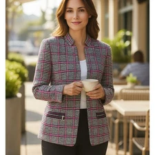 Ming Wang Women's Blazer Jacket Size L Pink Black White Plaid Knit Zip Pockets