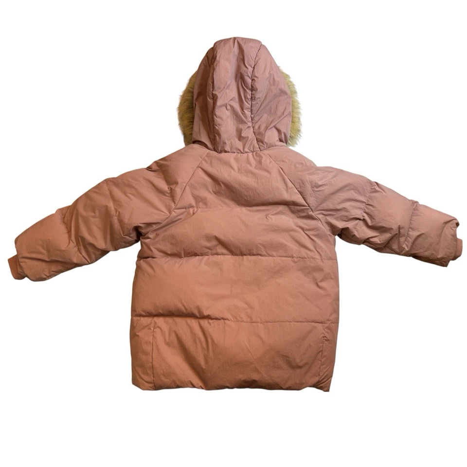 Zara Niñas Rosa Polvoriento Gran Tamaño Puffer con Capucha Recortada de Piel Extraíble, Talla 4/5 Foto 3 de 4