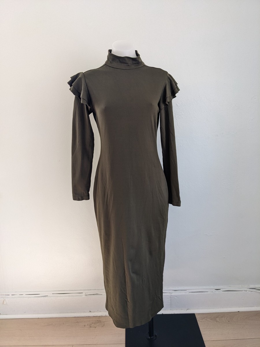 Hunter Bell Sz Medium Katelyn Knit Dress Olive Green Ruffle Shoulder Long  Sleeve | eBay