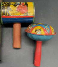 Pair of Vintage Tin Toys. Noise Rattle Tin Litho Toys. Wood Handles. 1940s.