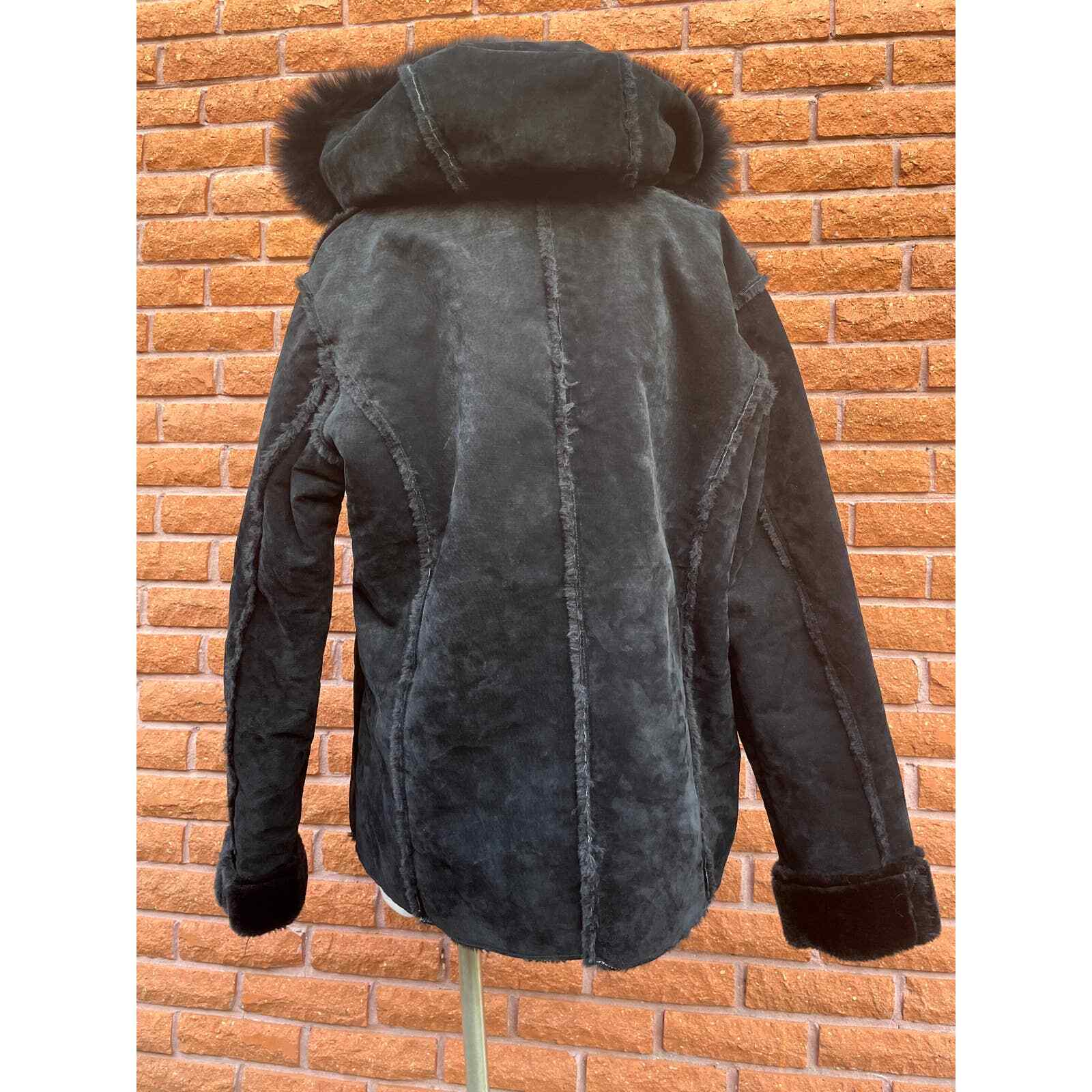 Damselle black leather jacket fur trim NWOT women's large eBay