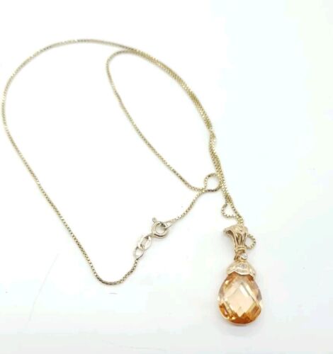 Italian Crystal Pendant Sterling SiIver Gold Plated 17" Chain 925 FAS Champagne  - Afbeelding 1 van 9