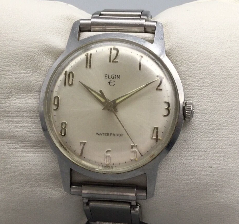 Vintage Elgin Watch Men 33mm Silver Tone Stretch Band Swiss Manual