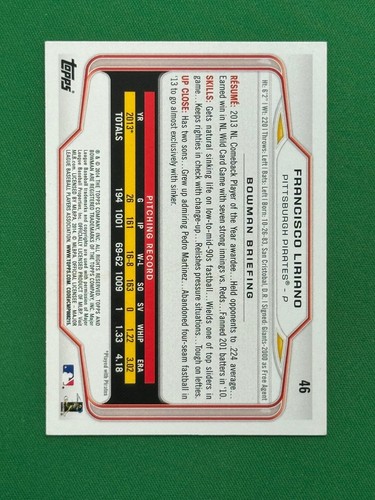 2014 Bowman Baseball Francisco Liriano #46 - Picture 2 of 2