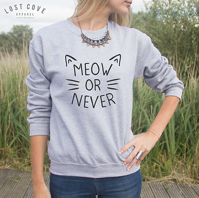 Meow Or Never Pullover Pulli Oberteil Mode Spruch Crazy Cat Lady Kätzchen süß jetzt
