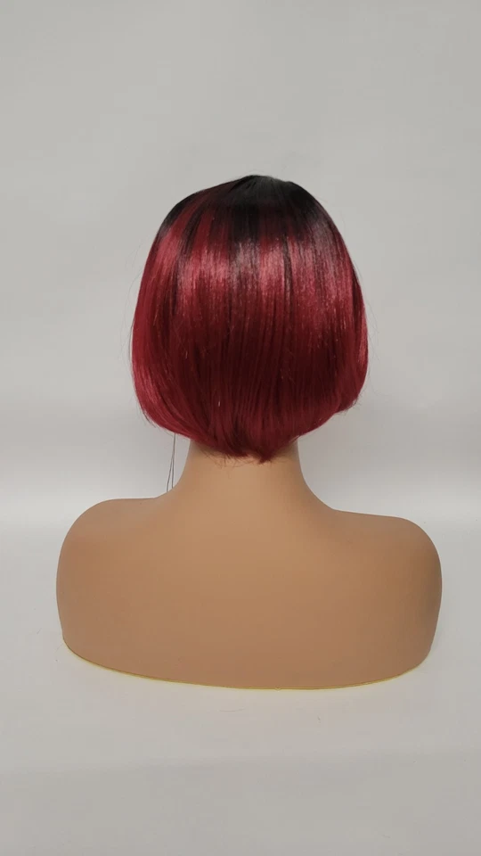 Straight Short Bob bangs Wig Premium Synthetic Daily Fashion Ombre Bl. &BURGANDY - Image 4 of 4