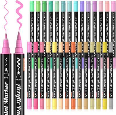 28 Pastel Colors Dual Tip Acrylic Paint Markers, Brush Tip and Fine Tip Acrylic 