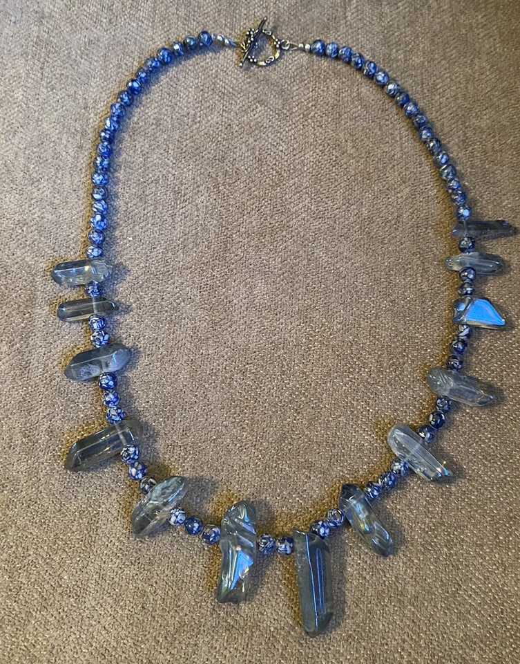 Luster Quartz Blue Shell MOP Beaded Necklace Silver Tone Toggle Closure - Image 2 of 4