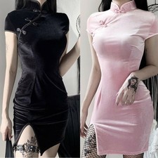 Gothic Women Slim Velvet Dress Punk Pink Black Dress Cheongsam Party Clubwear