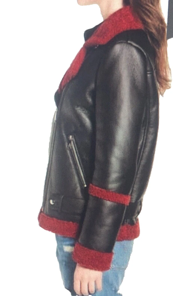 Sam Edelman Black/Red Faux Leather/Shearling Moto Jacket Women's Sz L - Image 2 of 4
