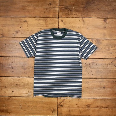 Vintage Basic Editions T-Shirt L Herren 00s gestreift blau grün weiß Retro Grunge