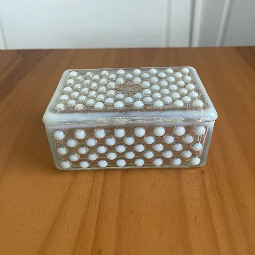 Fenton Moonstone Trinket Lidded Box Dish Opalescent White Glass Hobnail Vintage