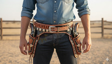 Western Gun Holster Belt thick Leather tooled Revolver/Pistol .44/45 cal.