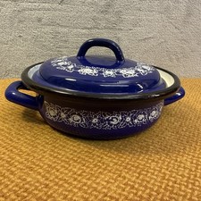 Vintage Blue Enamel Oven Cassorole Dish with Lid 18cm Retro Kitsch 
