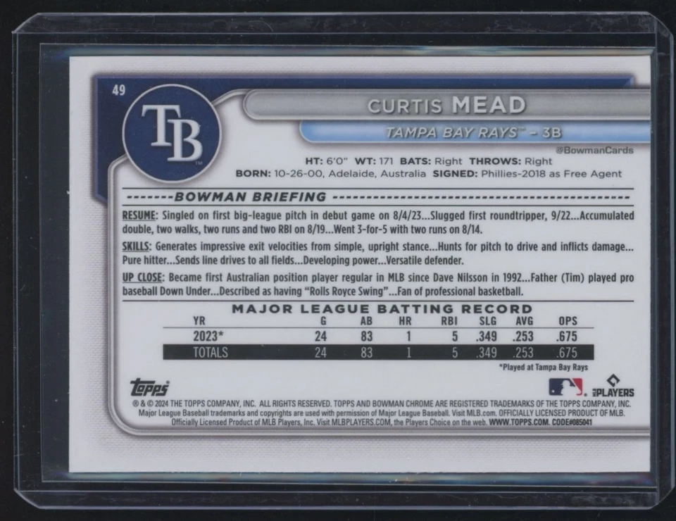 2024 Bowman Sapphire Curtis Mead RC Tampa Bay Rays #49 - Image 2 of 2