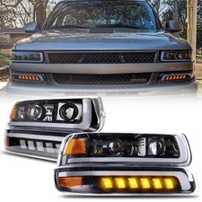 Pair Headlights For 1999-2002 Chevy Silverado 00-06 Tahoe Led Drl Bumper Lamps