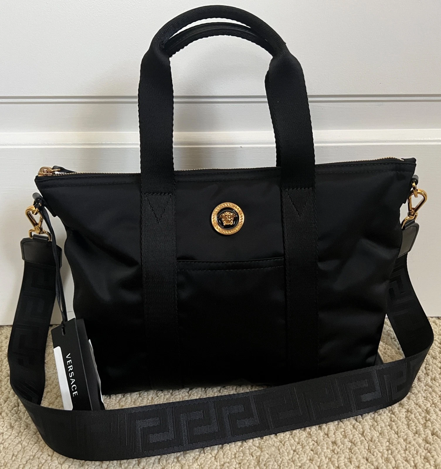 NWT Versace La Medusa Logo Nylon Black Gold Greek Key Satchel Zip Tote Bag $1495