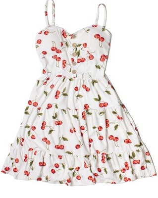 Derek Heart White Cherry Print Sweetheart Button Front Mini Sundress M