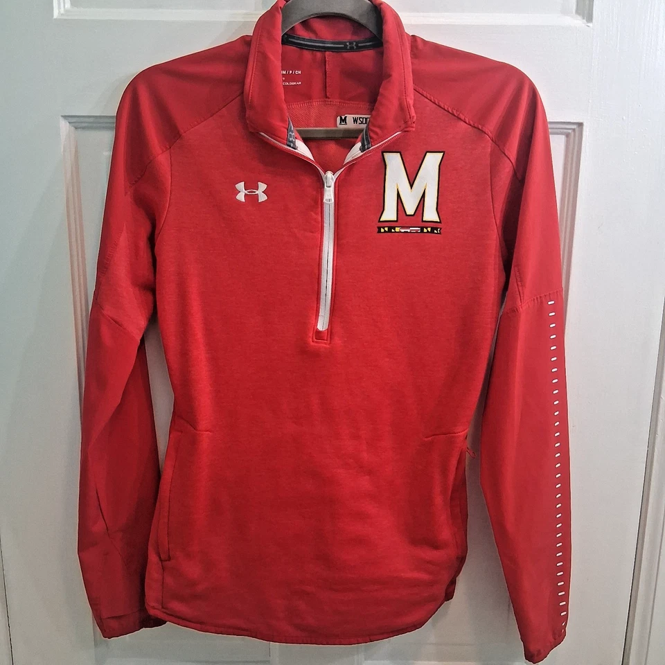 Suéter de fútbol para mujer Under Armour Cold Gear UMD Maryland 1/4 cremallera rojo pequeño Foto 2 de 4
