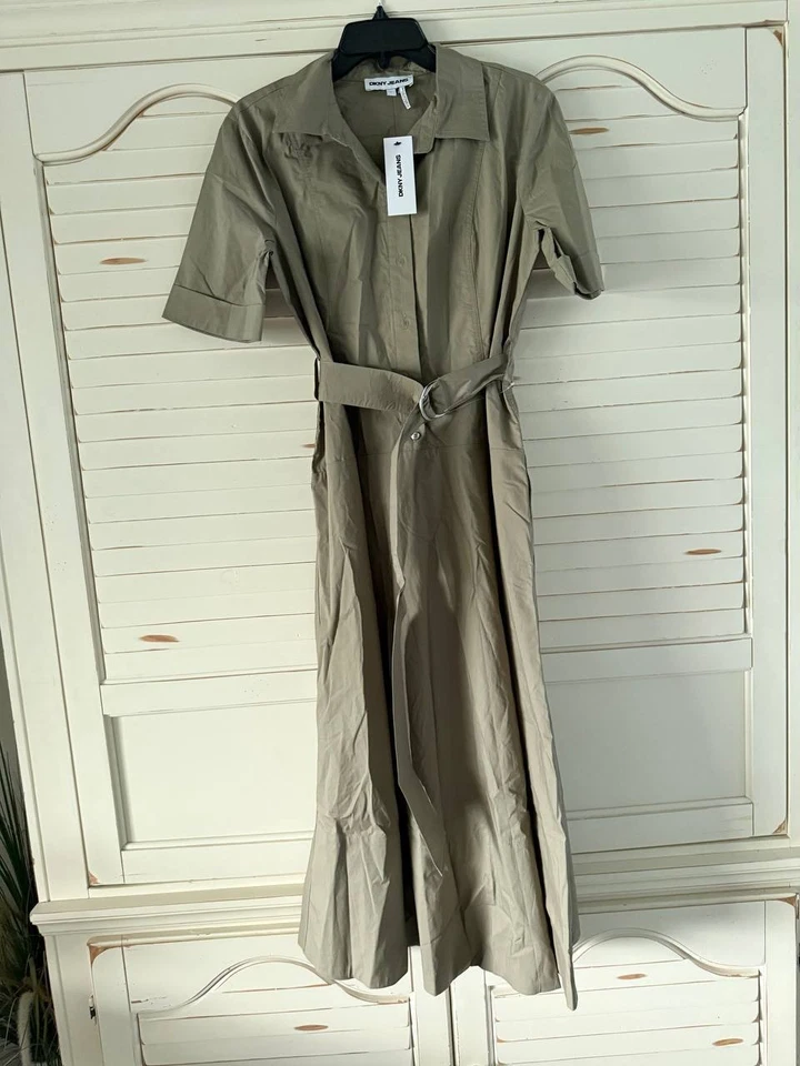 Vestido DKNY L verde botão frontal marrom acento utilitário camisa midi estilo algodão novo com etiquetas - Imagem 3 de 4