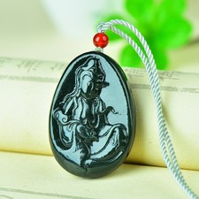 Carved Natural Green Jade Guanyin Bodhisattva Pendant Handmade Unisex Necklace